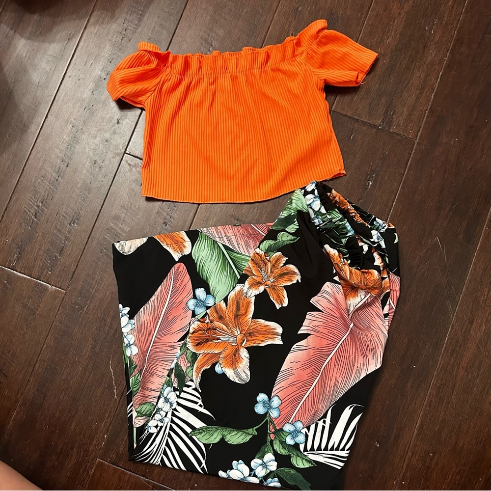 SHEIN Orange Top and Floral Pants Set